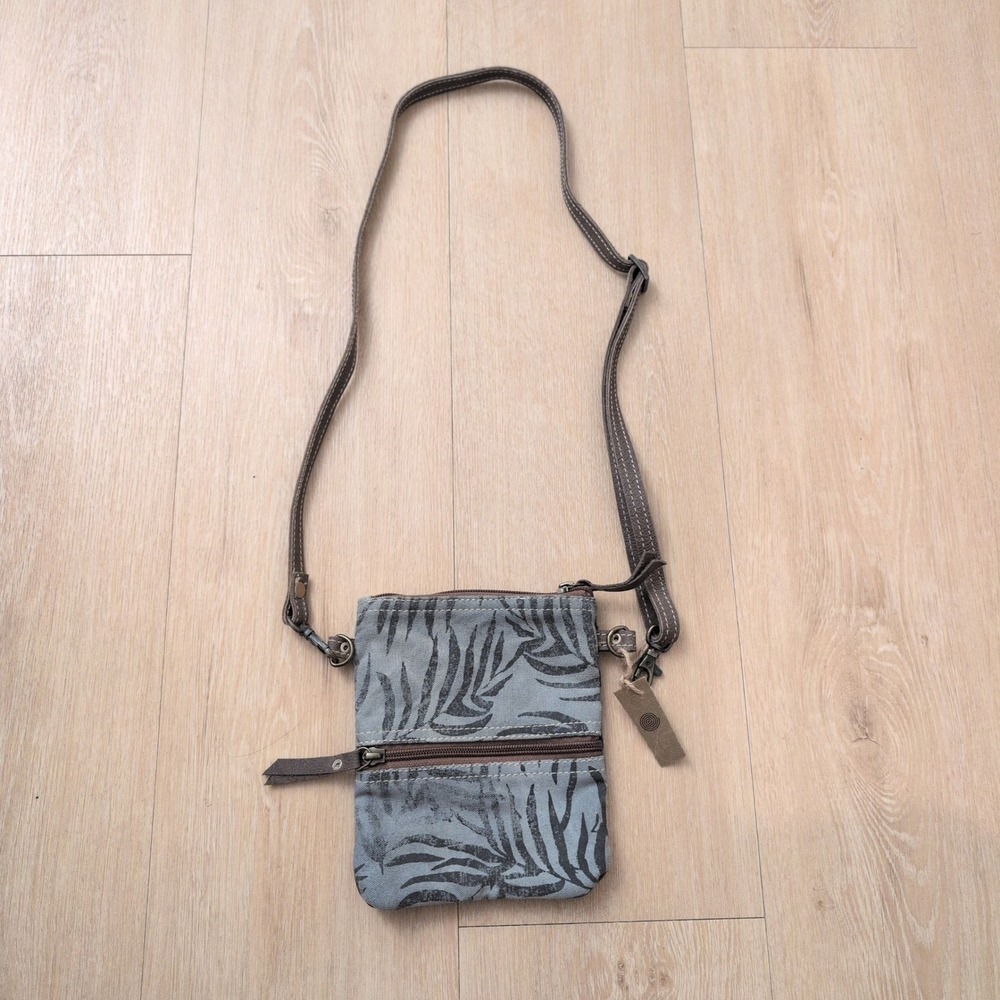 Small Canvas Palm Leaf Print Crossbody Bag Grey Brown Zippered Travel Pouch